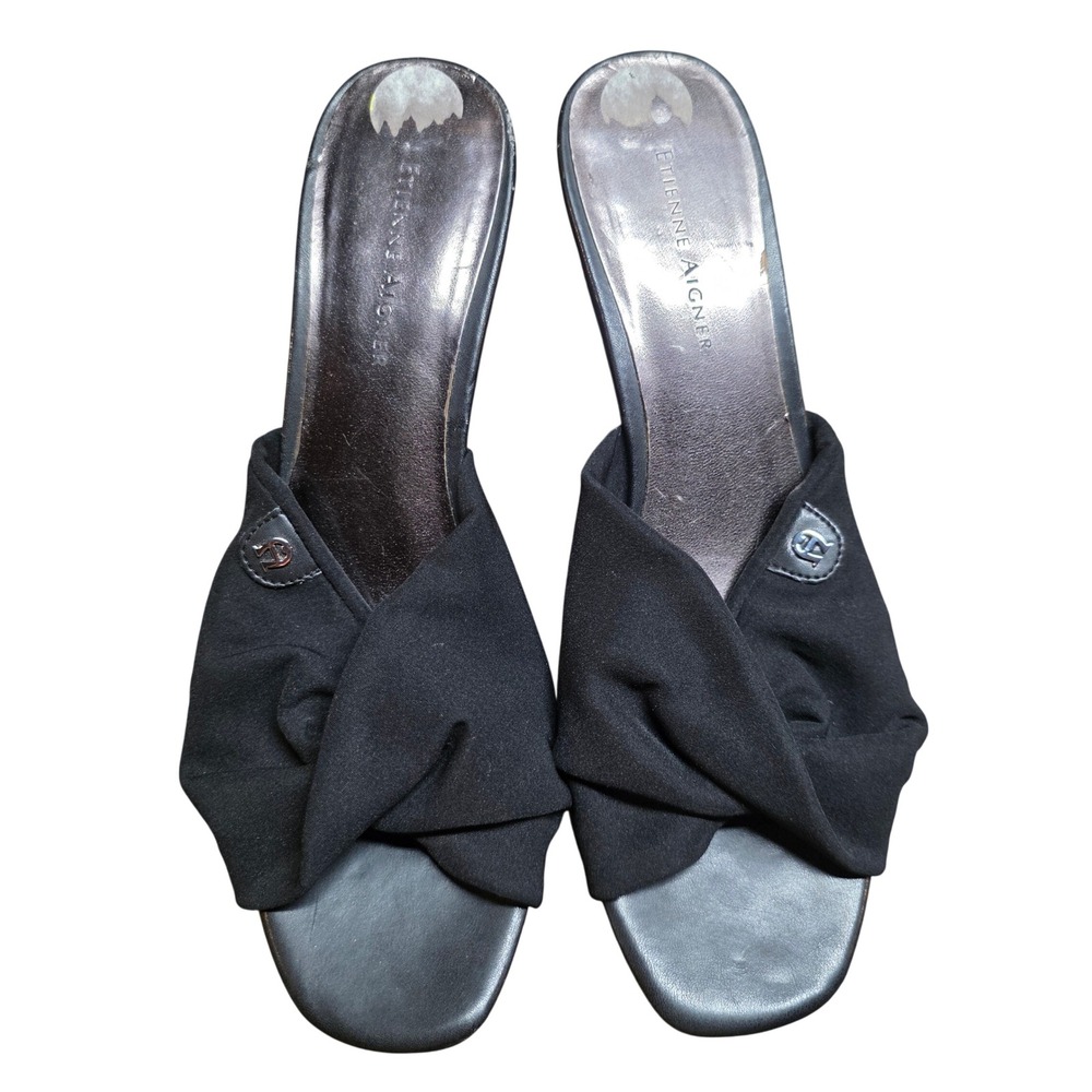 Y2K Etienne Aigner Womens 9M Black Twisted Fabric Wedge Sandals Mule